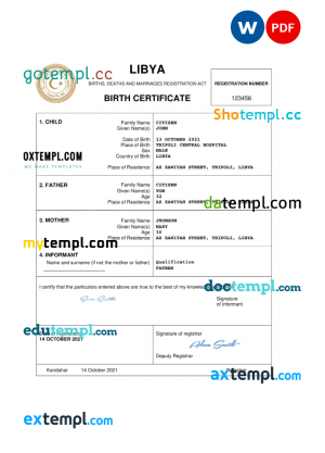 Libya birth certificate Word and PDF template, completely editable