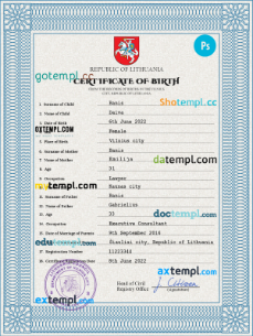 Lithuania vital record birth certificate PSD template