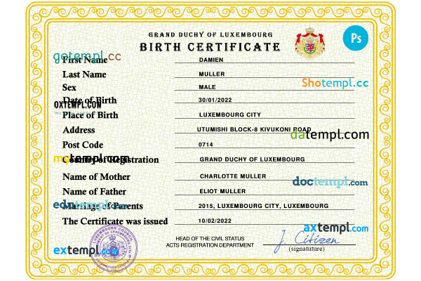 Luxembourg vital record birth certificate PSD template