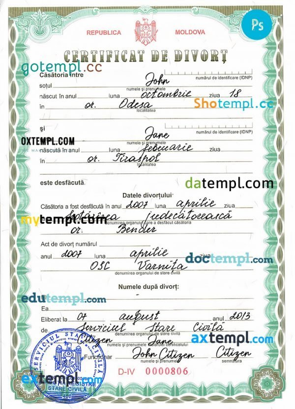 Moldova vital record divorce certificate PSD template