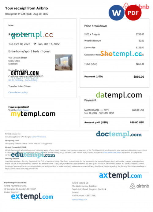 Maldives Airbnb booking confirmation Word and PDF template