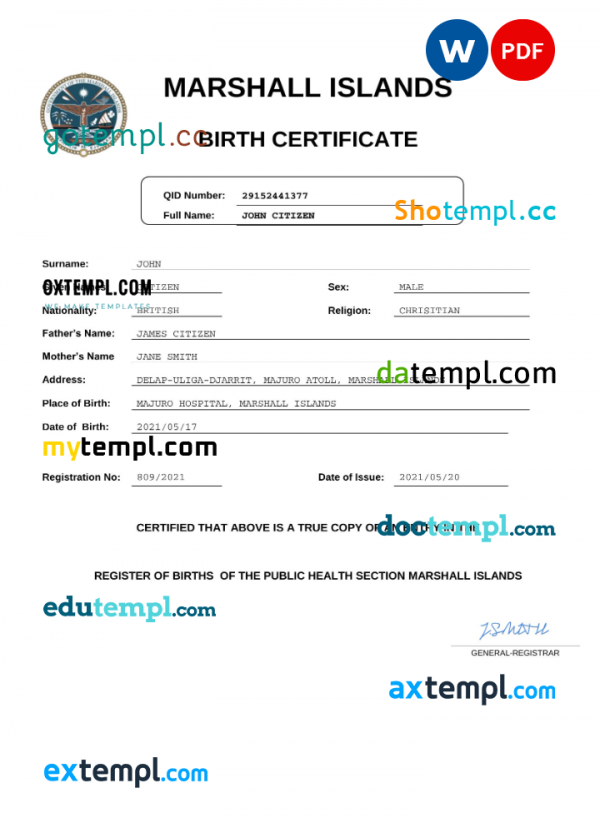 Marshall Islands vital record birth certificate Word and PDF template, completely editable