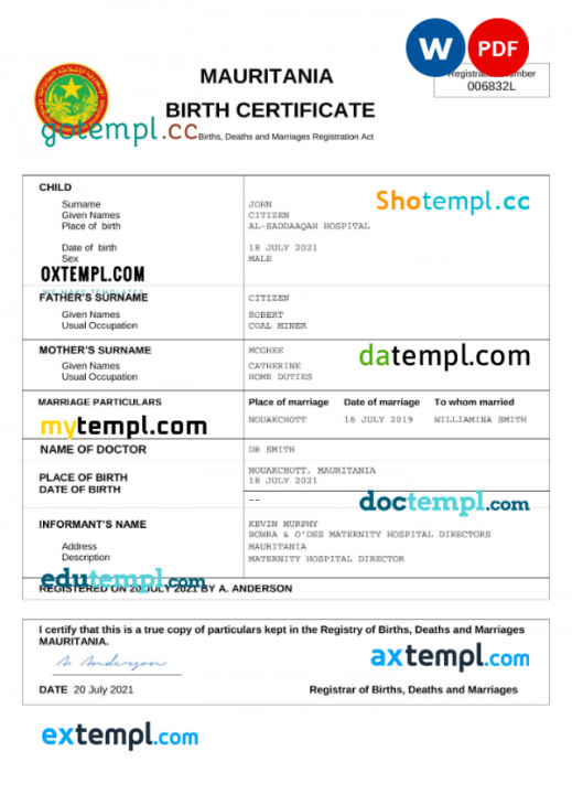 Mauritania birth certificate Word and PDF template, completely editable