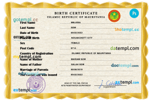 Mauritania birth certificate PSD template, completely editable