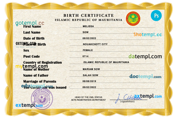 Mauritania birth certificate PSD template, completely editable