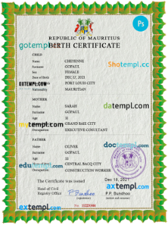 Mauritius vital record birth certificate PSD template