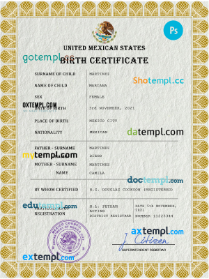 Mexico vital record birth certificate PSD template, fully editable