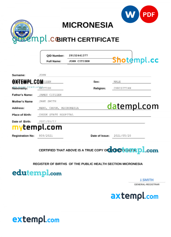 Micronesia vital record birth certificate Word and PDF template, completely editable