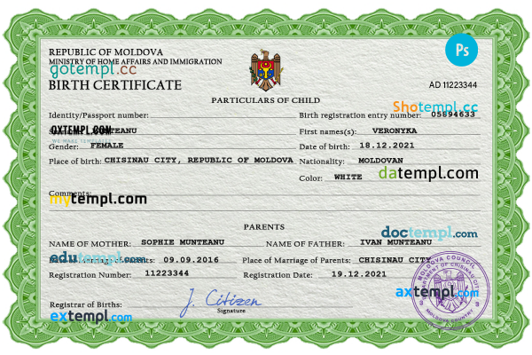 Moldova vital record birth certificate PSD template