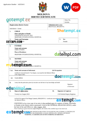 Moldova birth certificate Word and PDF template, completely editable
