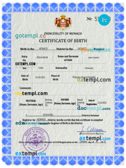 Monaco vital record birth certificate PSD template, fully editable