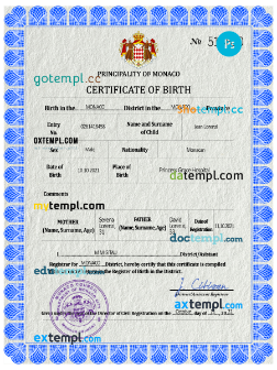Monaco vital record birth certificate PSD template, fully editable