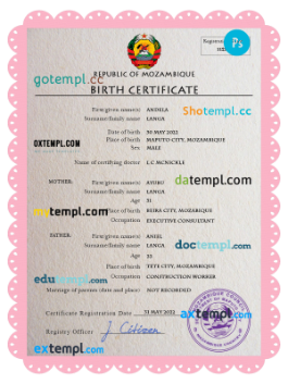 Mozambique birth certificate PSD template, completely editable