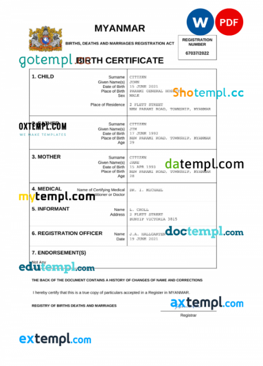 Myanmar vital record birth certificate Word and PDF template, completely editable