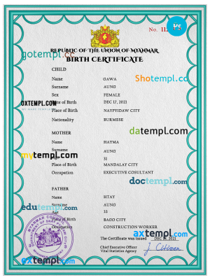 Myanmar vital record birth certificate PSD template