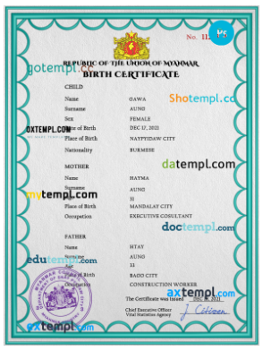 Myanmar vital record birth certificate PSD template