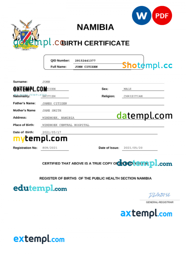 Namibia birth certificate Word and PDF template, completely editable