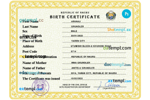 Nauru birth certificate PSD template, completely editable