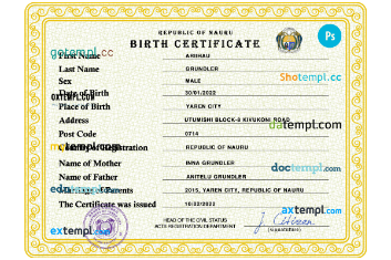 Nauru birth certificate PSD template, completely editable
