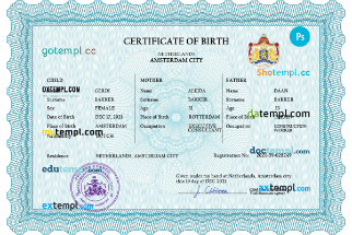 Netherlands vital record birth certificate PSD template, fully editable