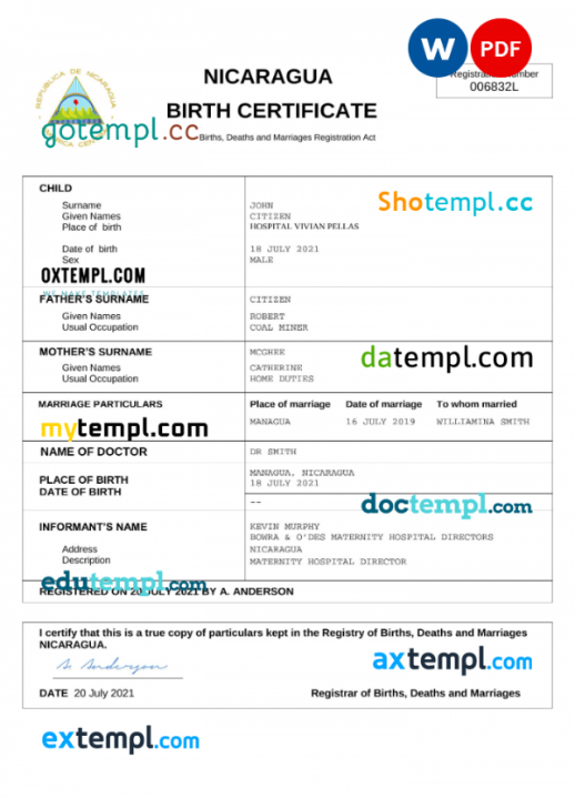 Nicaragua vital record birth certificate Word and PDF template, completely editable