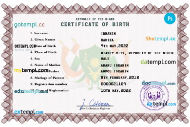 Niger vital record birth certificate PSD template