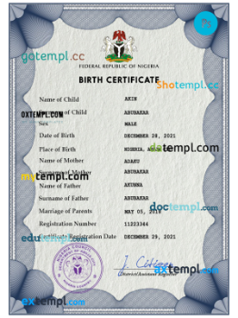 Nigeria vital record birth certificate PSD template, fully editable