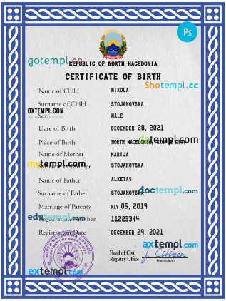 North Macedonia vital record birth certificate PSD template