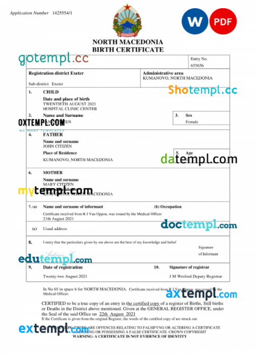 North Macedonia vital record birth certificate Word and PDF template, completely editable