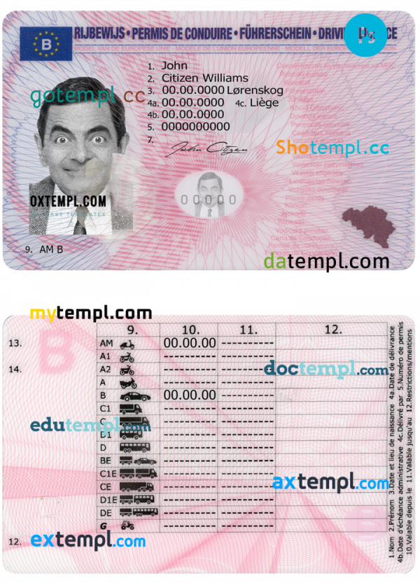 Belgium driving license PSD template, version 2