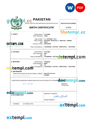 Pakistan vital record birth certificate Word and PDF template, completely editable