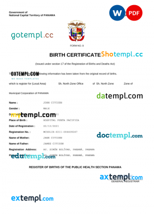 Panama birth certificate Word and PDF template, completely editable