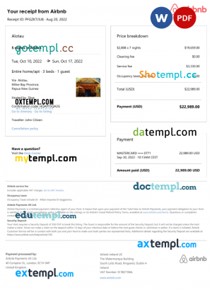 Papua New Guinea Airbnb booking confirmation Word and PDF template