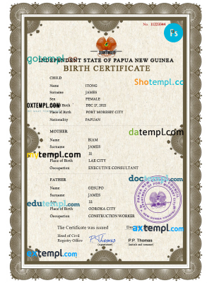 Papua New Guinea birth certificate PSD template, completely editable