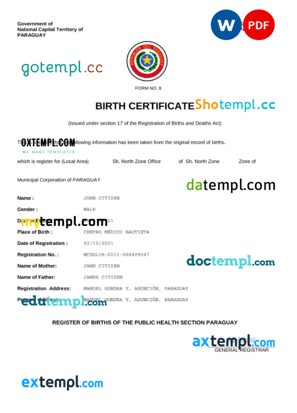 Paraguay birth certificate Word and PDF template, completely editable