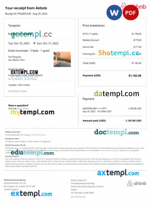 Peru Airbnb booking confirmation Word and PDF template