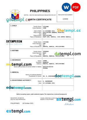 Kyrgyzstan birth certificate Word and PDF template, completely editable