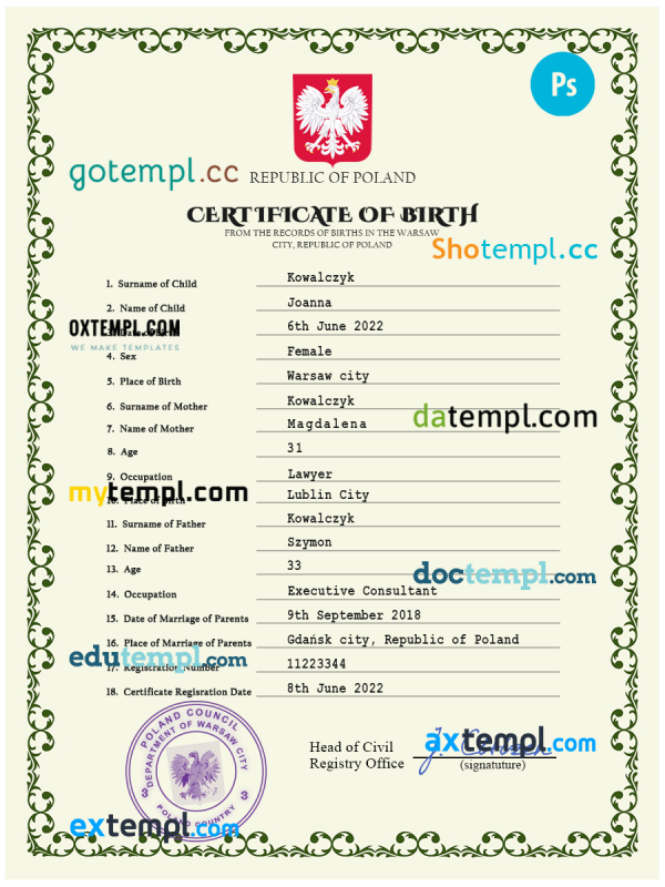 Poland vital record birth certificate PSD template