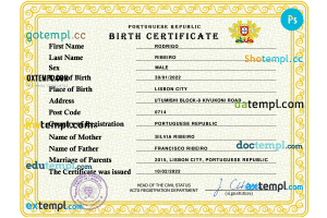 Portugal vital record birth certificate PSD template, fully editable