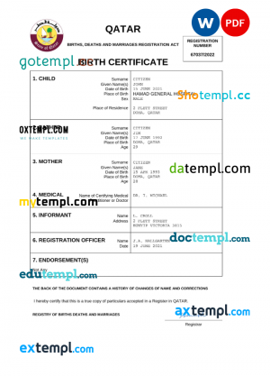 Qatar vital record birth certificate Word and PDF template, completely editable