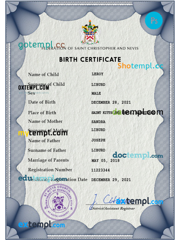 Saint Kitts vital record birth certificate PSD template