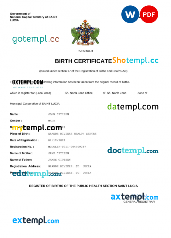 Saint Lucia birth certificate Word and PDF template, completely editable