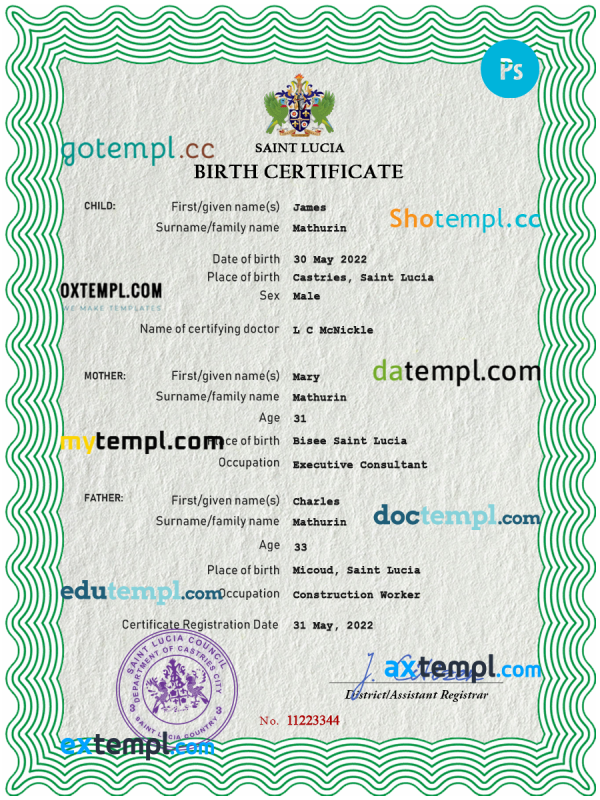 Saint Lucia vital record birth certificate PSD template, fully editable