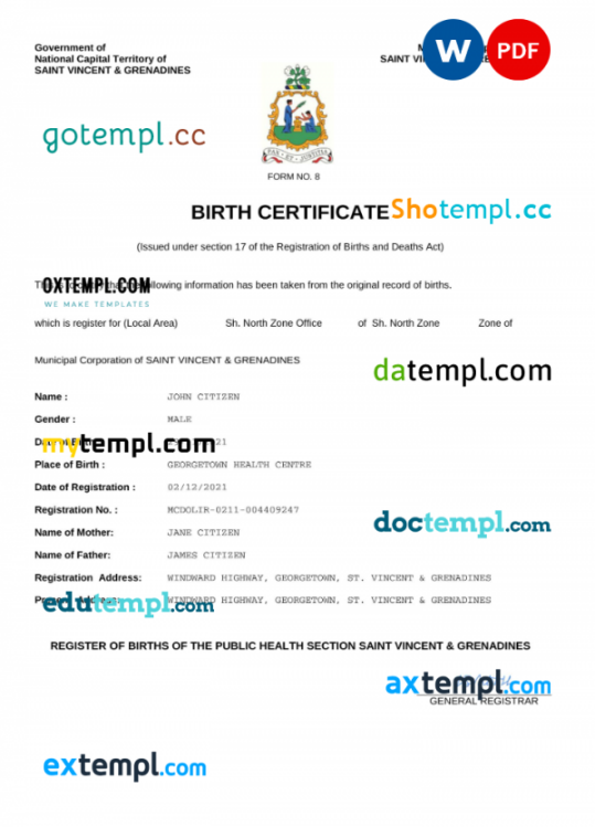 Saint Vincent & Grenadines vital record birth certificate Word and PDF template, completely editable