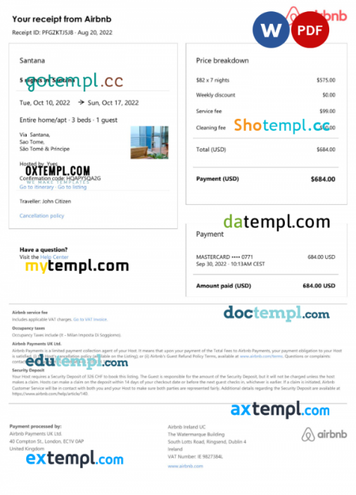 Sao Tome and Principe Airbnb booking confirmation Word and PDF template