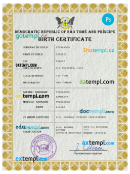 Sao Tome and Principe vital record birth certificate PSD template, fully editable