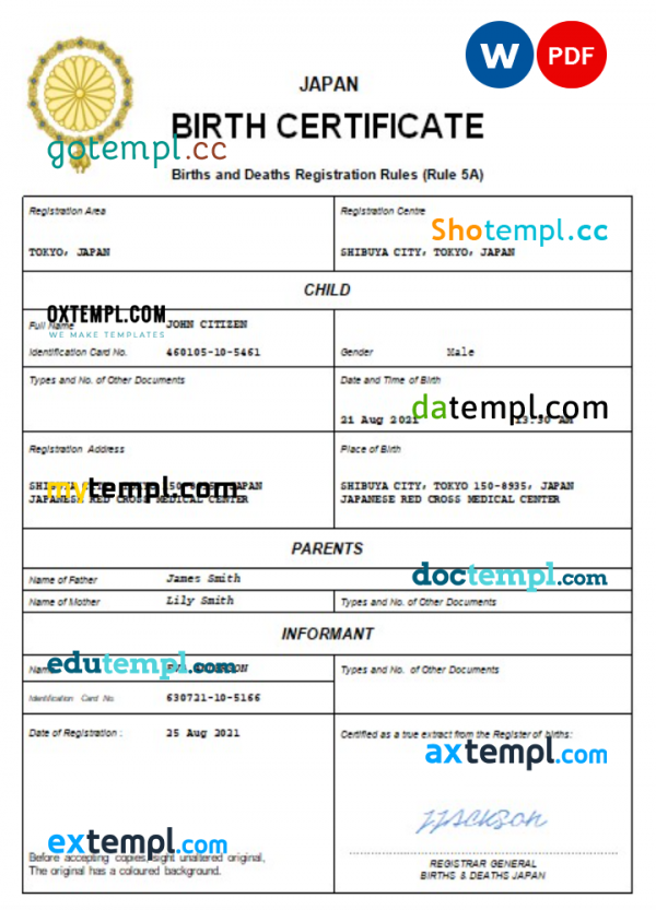 Japan birth certificate Word and PDF template, completely editable