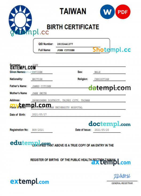 Taiwan vital record birth certificate Word and PDF template, completely editable