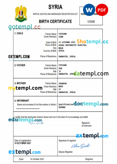 Syria birth certificate Word and PDF template, completely editable