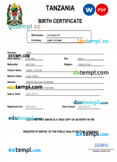 Tanzania birth certificate Word and PDF template, completely editable